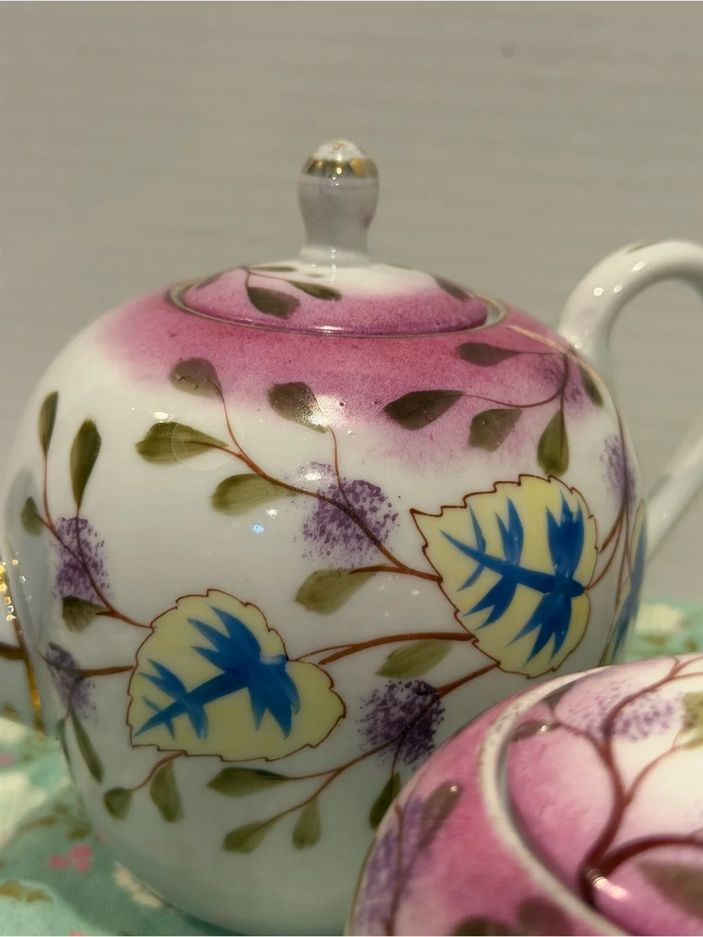 Vintage Hand Painted Porcelain  3 Pc Tea Set Tea Pot Lidded Sugar And Creamer.